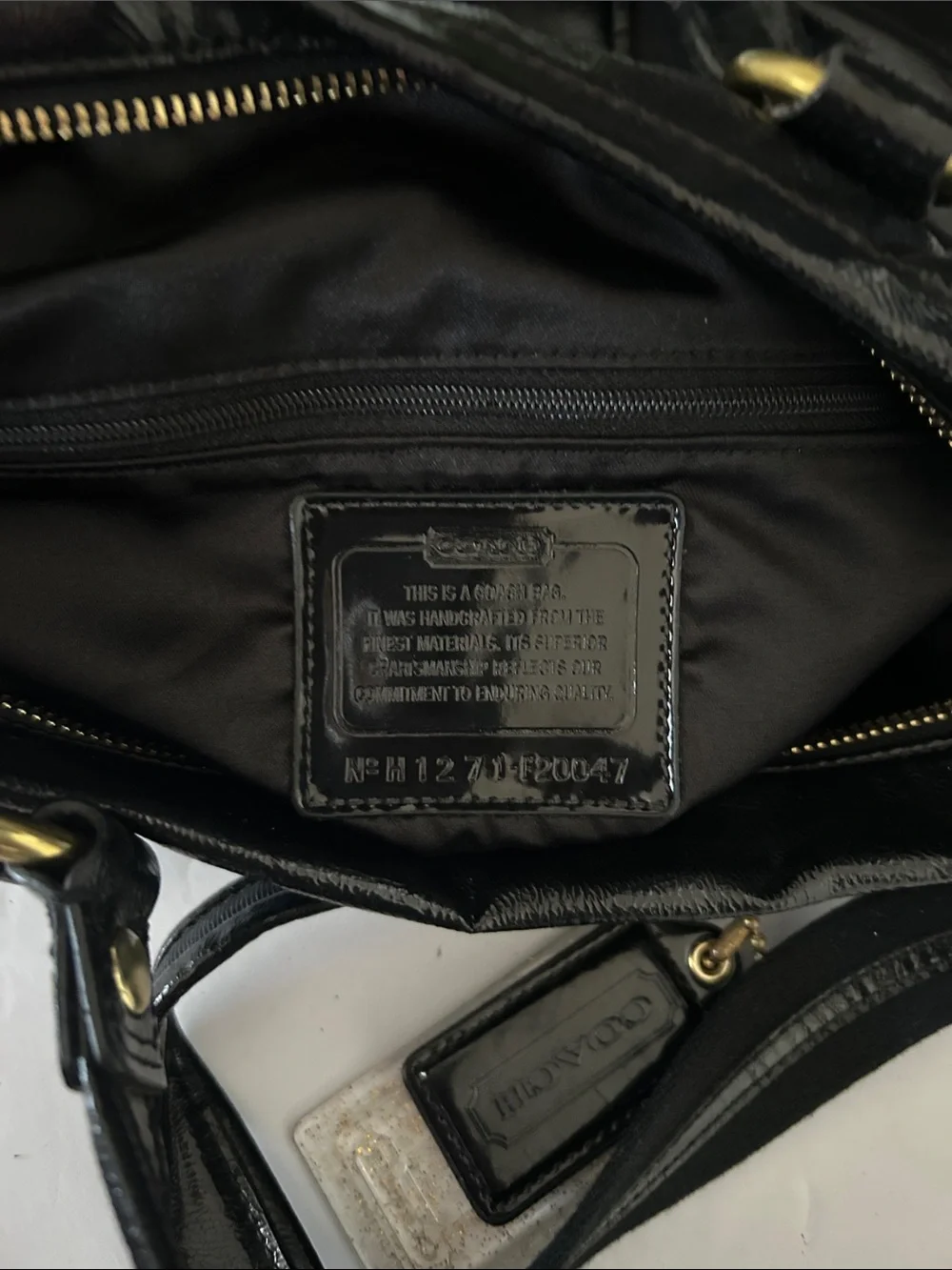 Coach Black Patent Leather Shoulder Tote with Heart Zip Pulls